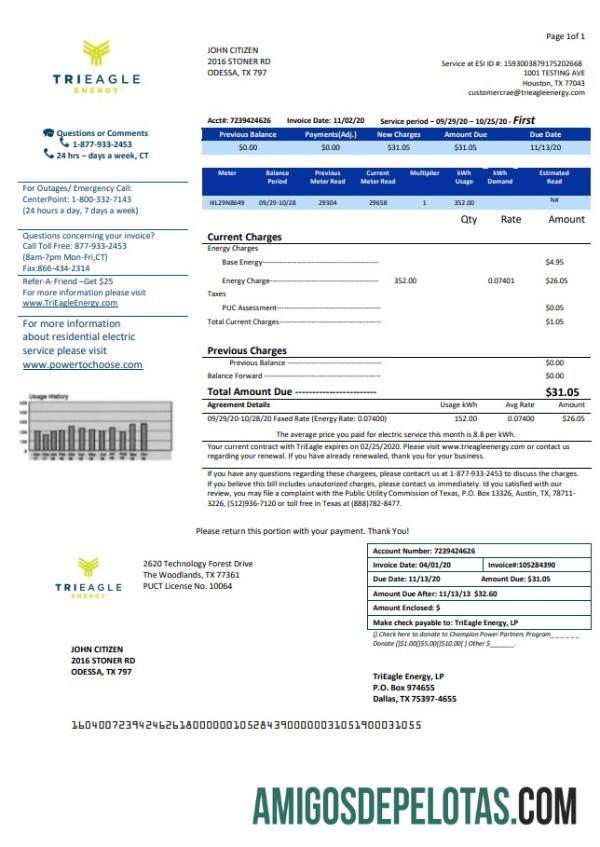 Para baixar modelo de conta de serviços públicos EUA Texas TriEagle em formato Word e PDF (.doc e .pdf)